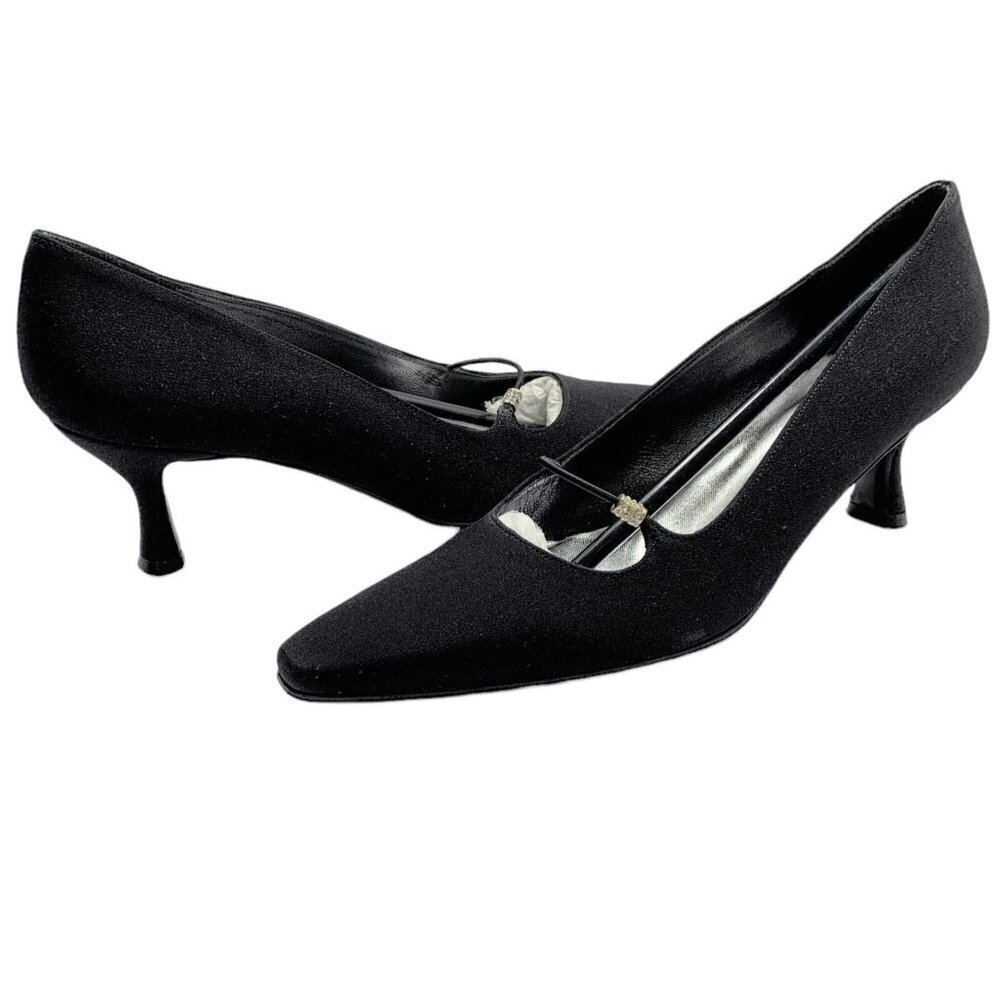 Vintage 90's/Y2K Black Silk Evening Pumps Size 7 AA Kitten Heel Shoes